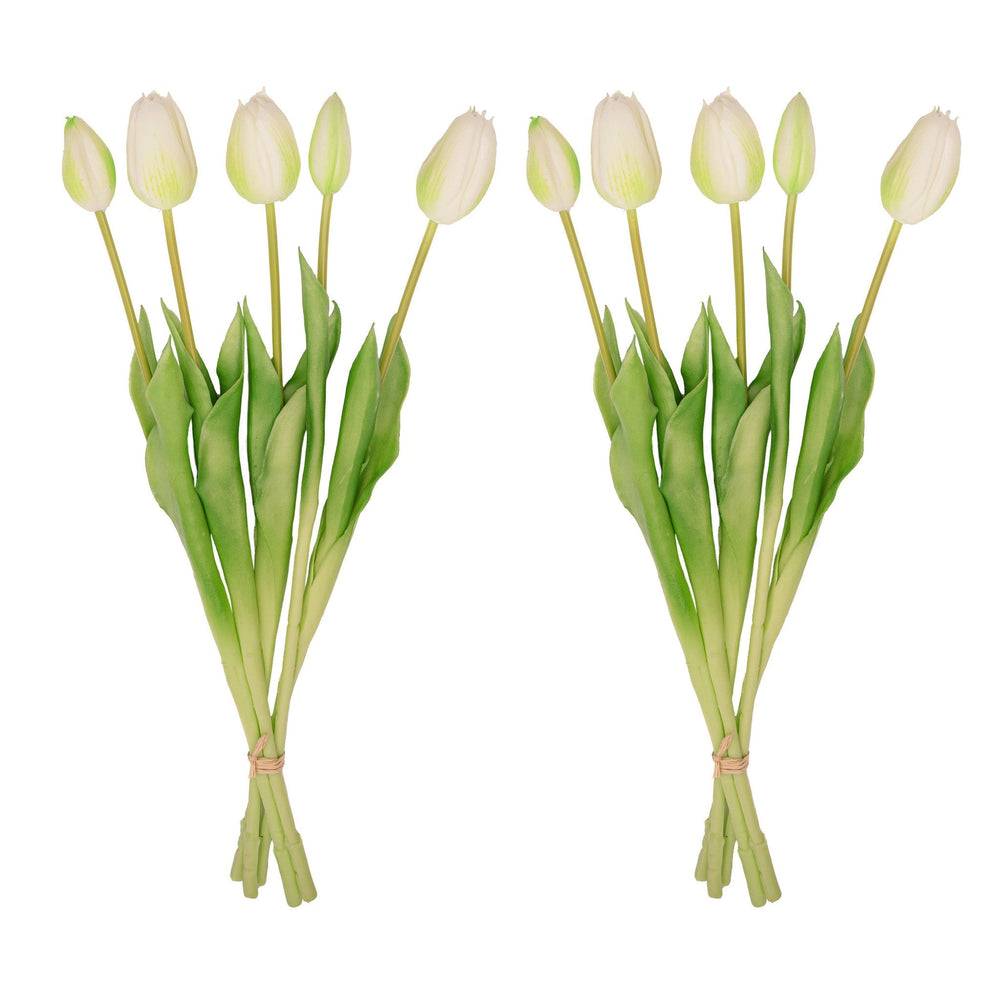 Tulip Bouquet – 10 Pieces – Mixed Colours – ‘Real Touch’ Artificial Tulips – 42 Cm (White/Green)