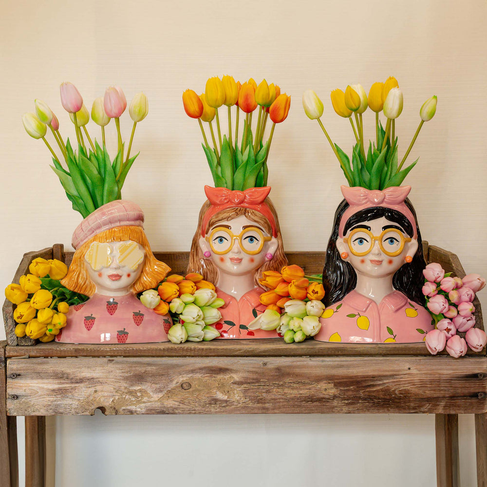 Vase Strawberry Girl + 10X Real Touch Tulip Pink - Silk Artificial Tulips