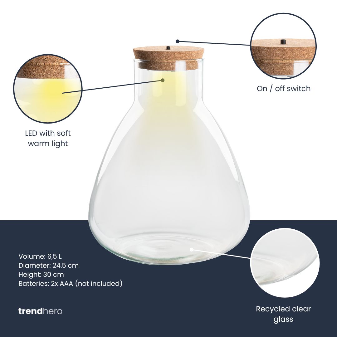 Terrarium Bottle 'Sam' - Incl. Led Cork - Closed Terrarium Ø 24.5 Cm ↑ 30 Cm